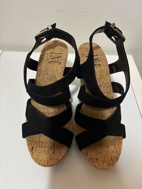 INC International Concepts Black Cork Wedge Sandals